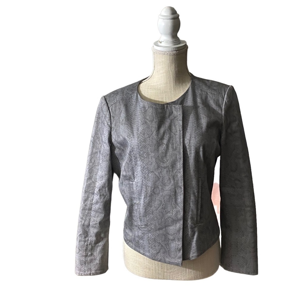 Lafayette 148 New York Women Grey Reptile Print Snap Buttons Faux-Wrap Jacket 8